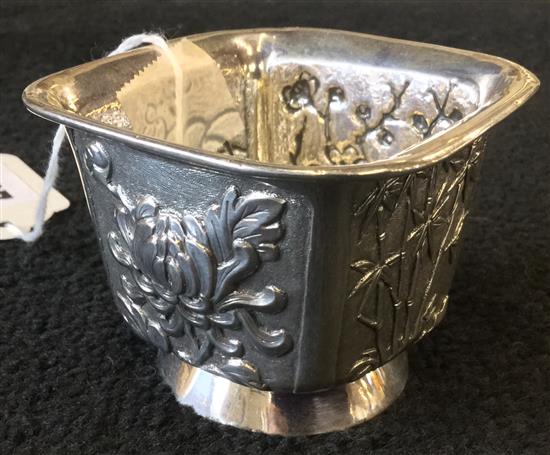 Chinese small silver square footed bowl, embossed with flowers and foliage, maker WA